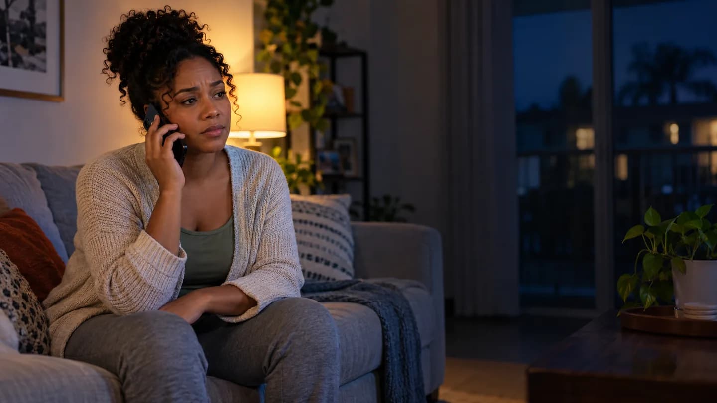 Resident reporting a maintenance issue by phone from her apartment at night