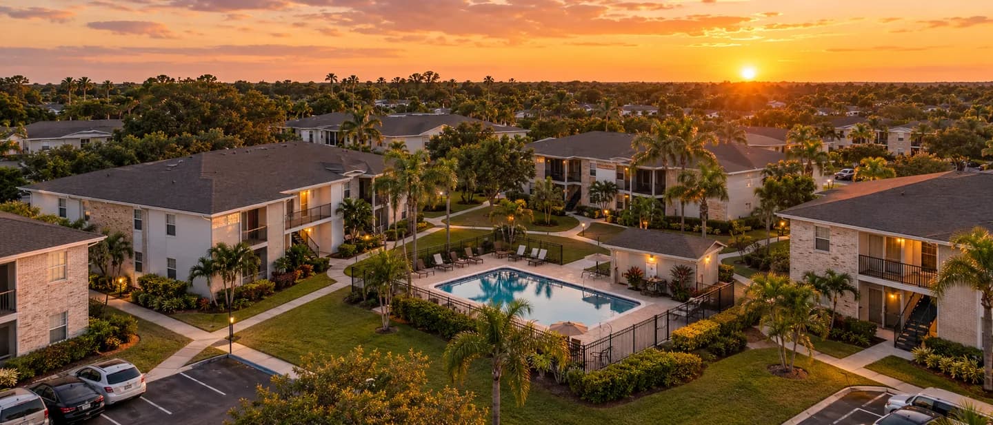 Illustrative aerial view of a low-rise Florida apartment community with palms and a shared pool