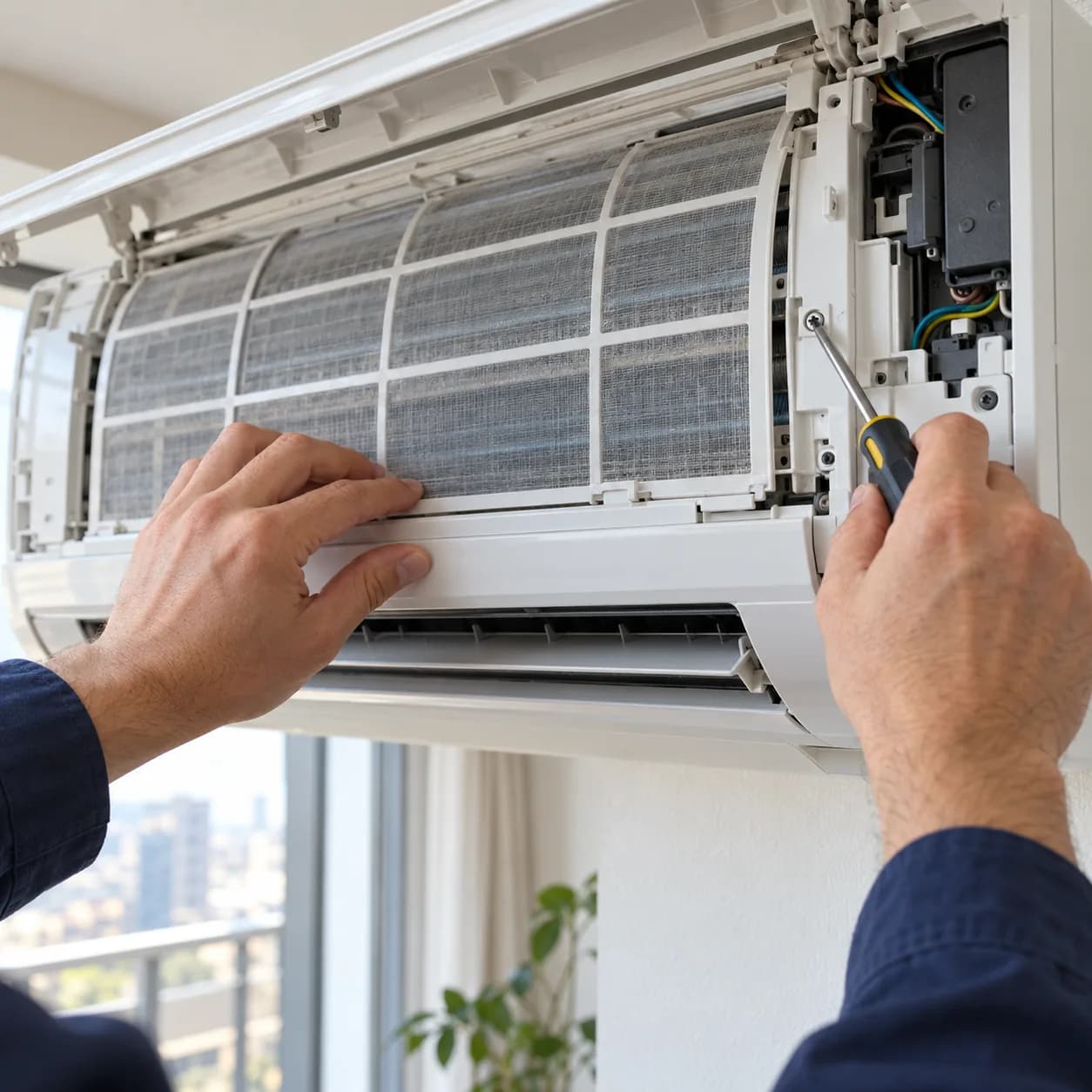 Maintenance technician servicing the filter and fittings of an apartment air conditioner